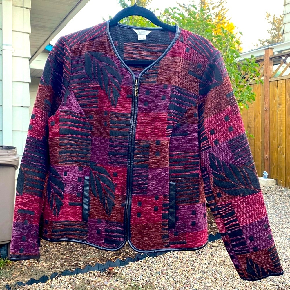 Christopher & Banks Tapestry Jacket‎ Womens L Faux Leather Trim Zipper Front